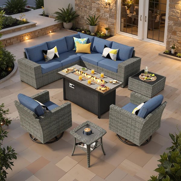 Lullaby 10-Pieces Wicker Outdoor Patio 54 in. Rectangular Fire Pit Set Swivel Rocking Chairs with Denim Blue Cushions