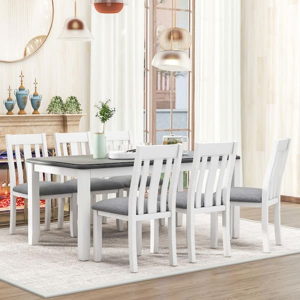 7-Piece Retro White/gray Extendable Wood Top Dining Room Set Seats 6