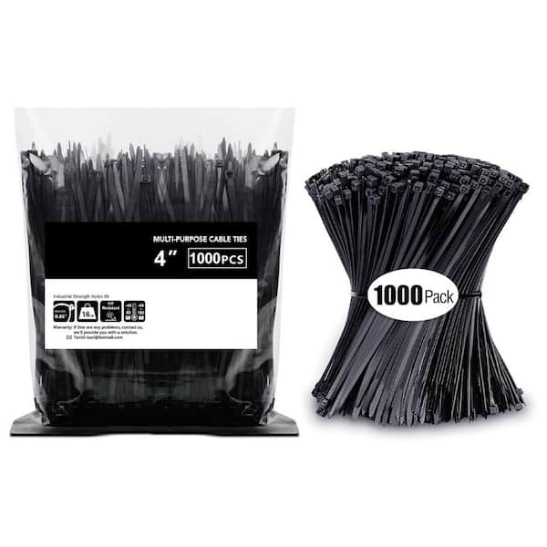 UV Resistant Nylon Cable Zip Tie 4 in. Black 1000-Pack with 18 lb Tensile Strength for Indoor Outdoor Use