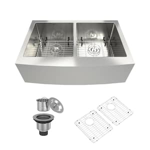 33 in. Undermount Farmhouse Double Bowl 18 Gauge Brushed Stainless Steel Kitchen Sink With Accessories
