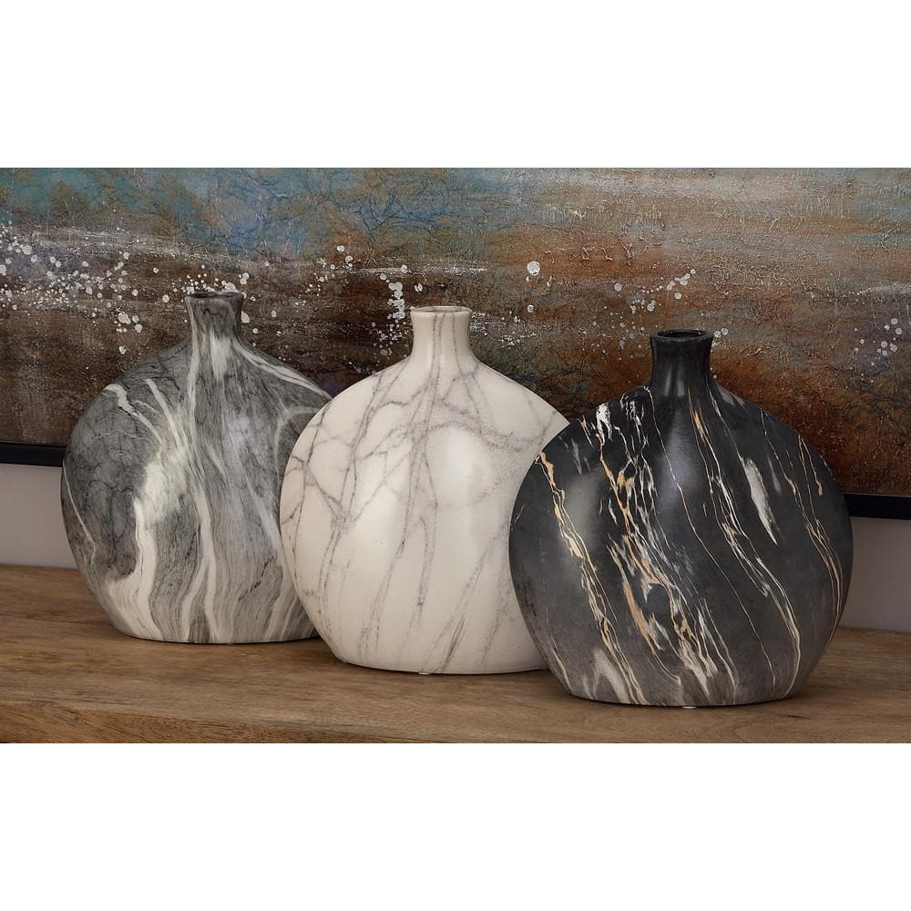 Set of Three Marble-Finish Ceramic Bottle Vases in Gray and White