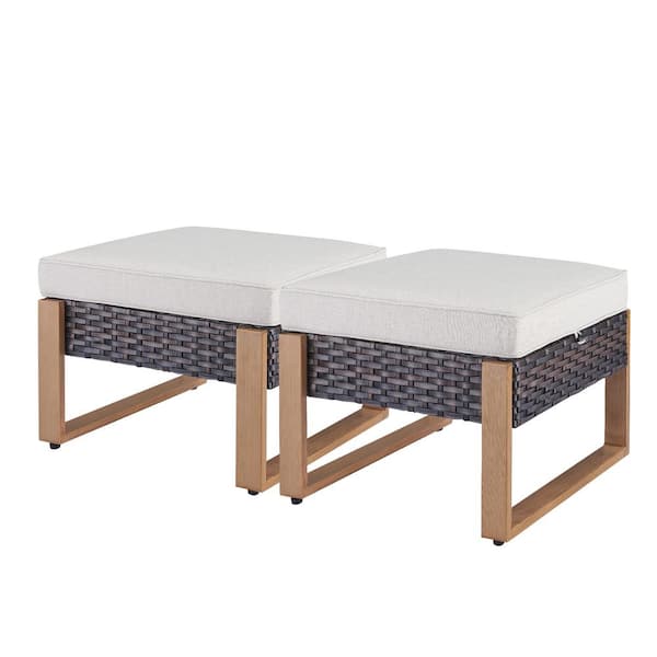 Rectangular Framed 2-Pack Wicker Outdoor Ottoman Steel Frame Footstool with Removable Beige Cushions