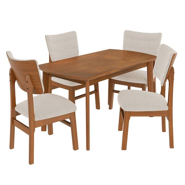 5-Piece Brown Wood Outdoor Dining Set with Beige Cushions Space-Saving Dinette Set