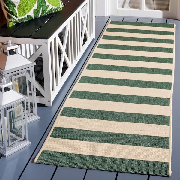 Courtyard Beige/Dark Green 2 ft. x 8 ft. Awning Stripe Indoor/Outdoor Runner Rug