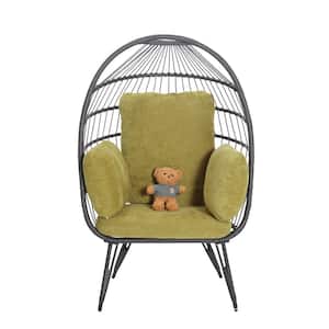Wicker Egg Chair Indoor Outdoor Lounge Chair Patio Chaise Lounge with Olive Green Cushions