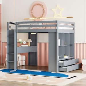 Full Size Loft Bed with Large Shelves, Writing Desk and LED Light, Gray