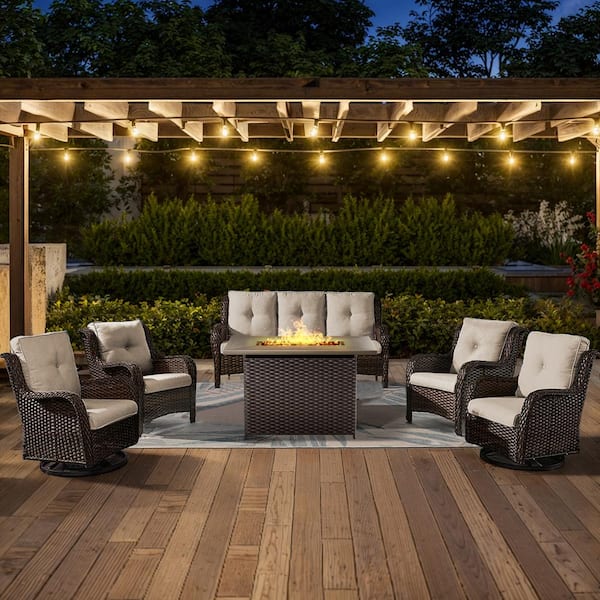 6-Piece Brown Wicker Outdoor Patio Rectangular Fire Pit Conversation Set with Beige Cushions and Swivel Rocker Chairs