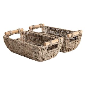 Small Wicker Baskets Handwoven for Storage, Seagrass Rattan with Wooden Handles, Set of 2