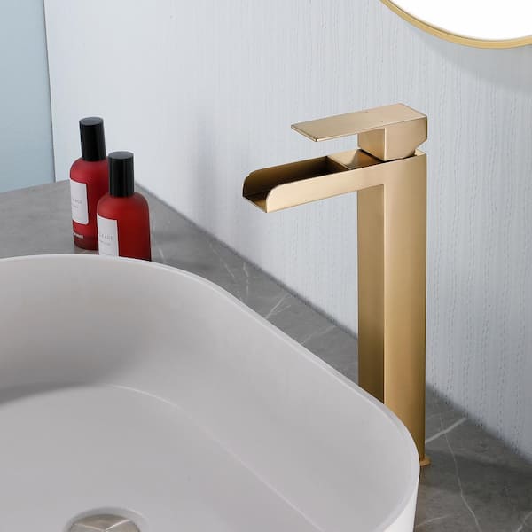 Single Handle Vessel Sink Faucet with Pop-Up Drain, Waterfall Single Hole Tall Bathroom Sink Faucet in Brushed Gold