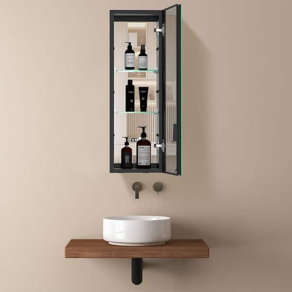 Obsi 10 in. W x 30 in. H Rectangular Black Aluminum Wall Mount Bathroom Medicine Cabinet with Mirror with Glass Shelves