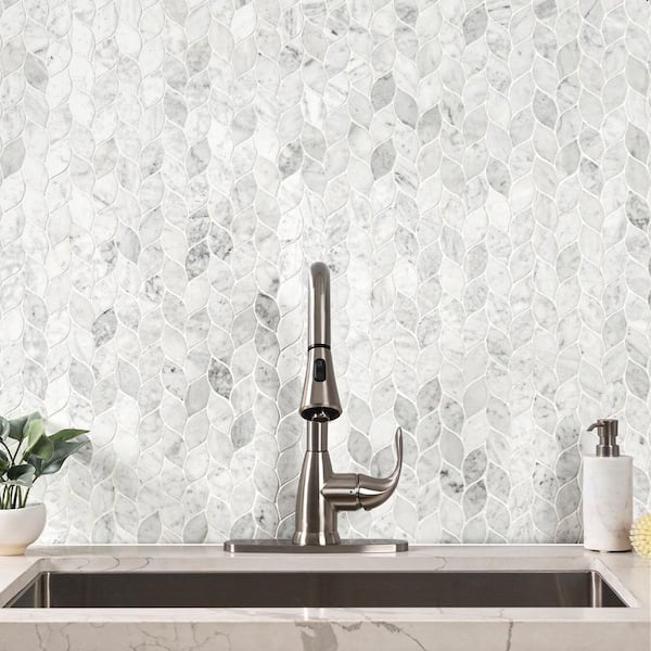 Carrara White Marble Feather Leaf Mosaic Tile - Polished 11.77x9.45 Inch Backsplash Tile For Kitchen, Bath & Shower - View #4