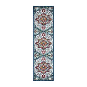 Ottohome Collection Non-Slip Rubberback Modern Medallion 2x7 Indoor Runner Rug, 1 ft. 10 in. x 7 ft., Blue/Off Whiteay