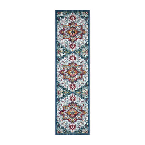 Ottomanson Ottohome Collection Non-Slip Rubberback Modern Medallion 2x7 Indoor Runner Rug, 1 ft. 10 in. x 7 ft., Blue/Off Whiteay