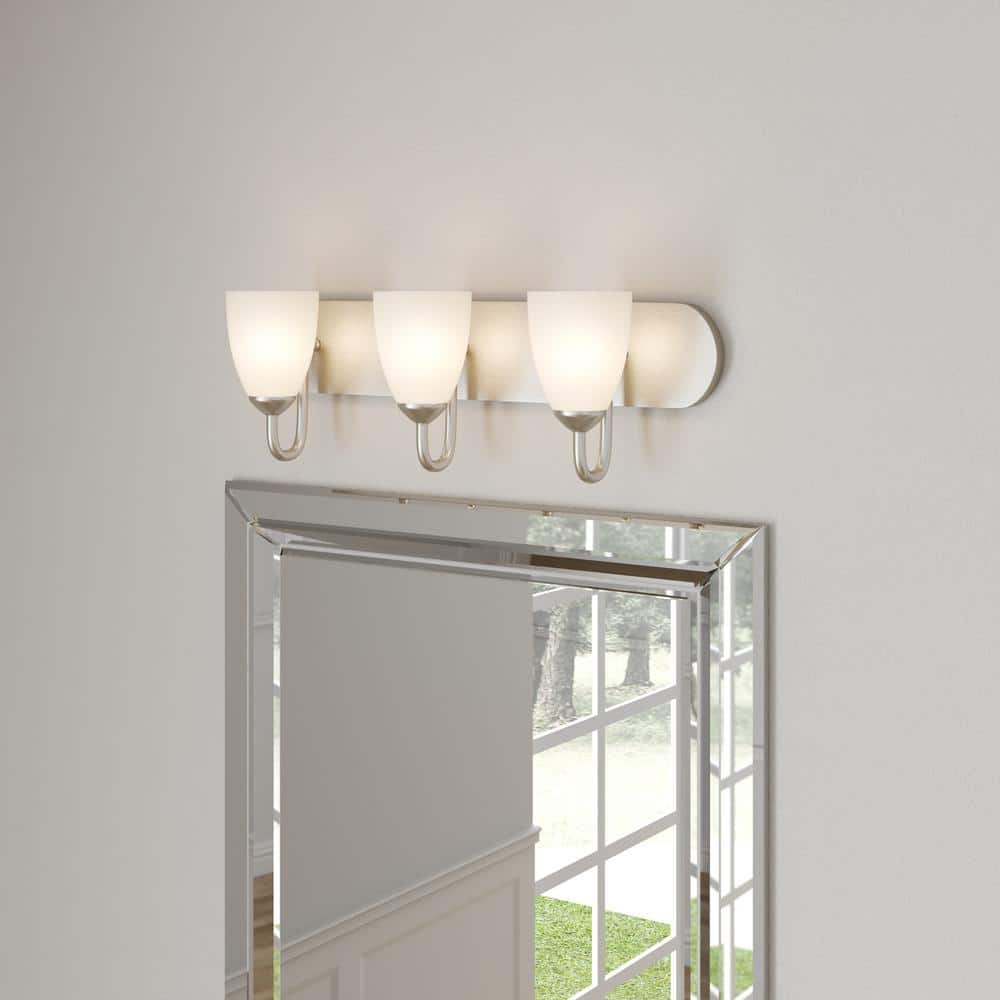 Brushed Nickel 24" 3-Light Dimmable Bath Vanity with Etched Glass Shades
