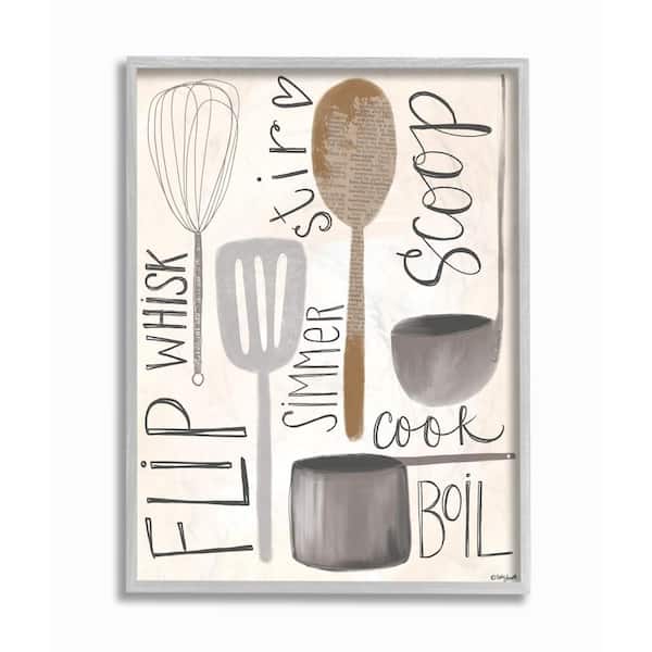 16 in. x 20 in. “Flip Whisk Simmer and Stir Kitchen Utensils Gray Farmhouse Rustic Framed Wall Art