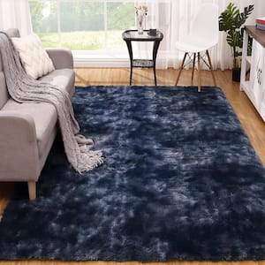 Tie-Dyed 10 ft. x 13 ft. Fluffy Area Rugs Non-Skid with Faux Fur Back in Navy