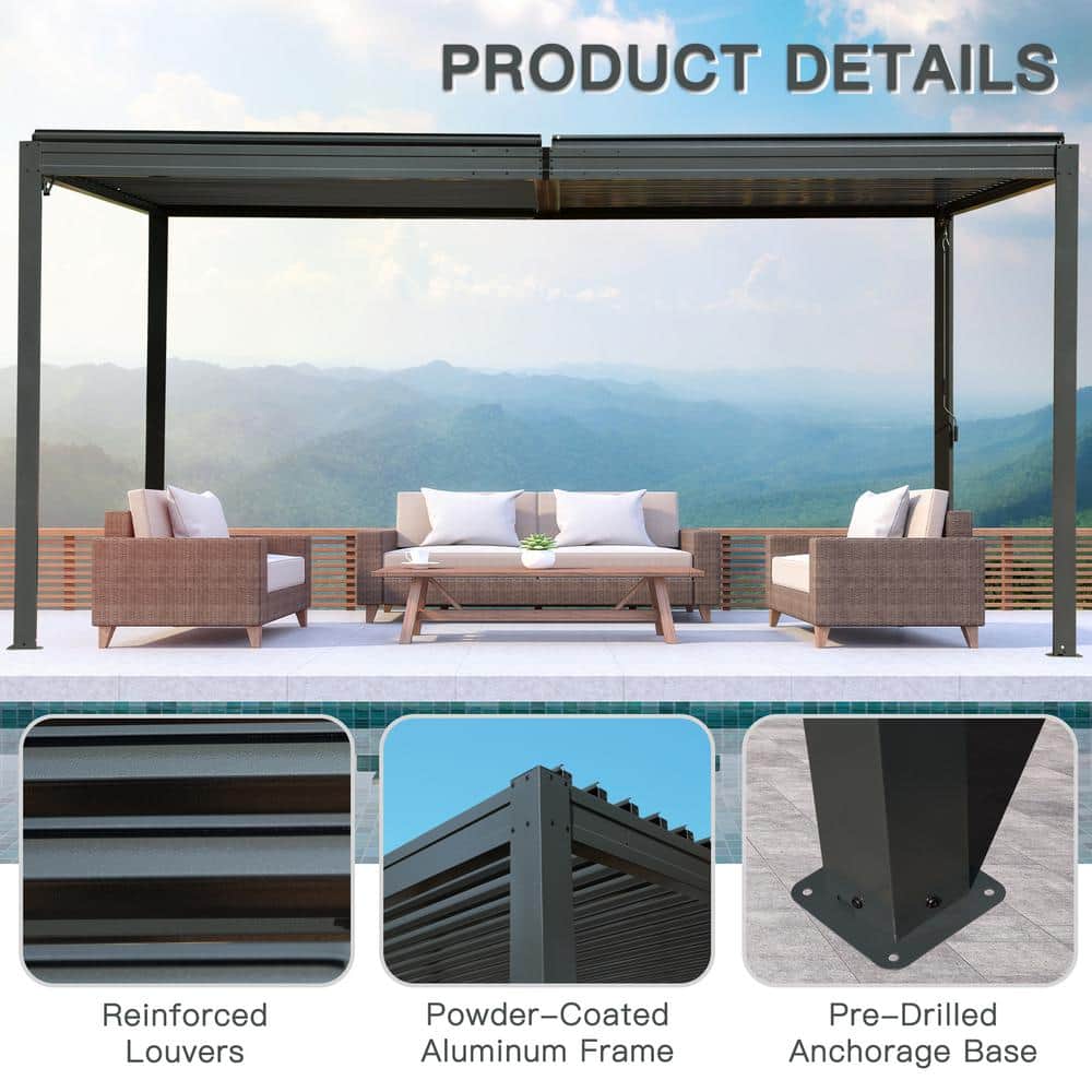 Gray 10x16 Aluminum Pergola with Adjustable Steel Roof