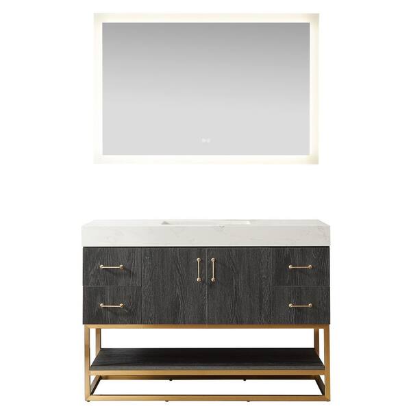 ROSWELL Alistair 48 in. W x 22 in. D x 33.9 in. H Single Sink Bath Vanity in North Black Oak w/ White Grain Stone Top and Mirror