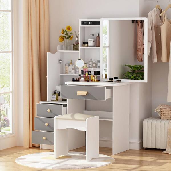 Details about   4 Drawers Vanity Dressing Desk Makeup Table and Stool Set Dresser with Mirror US 