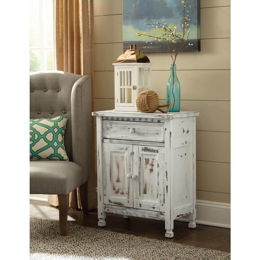 White Antique Pine Cottage Accent Cabinet with Adjustable Shelving