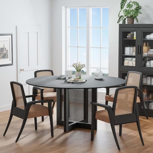 Dovelina Cinna Black Wood 60 in. Round Double Pedestal Dining Table Seats 6