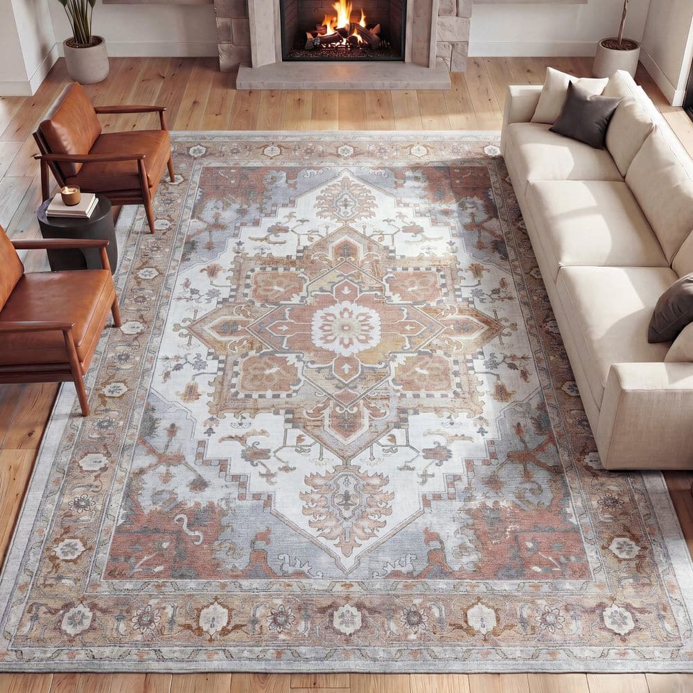 Sersi Ornate Large Medallion Border Non-Slip Machine-Washable Rose Clay/Cream 9 ft. x 12 ft. Area Rug price history on PriceWatchPro