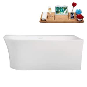 59 in. x 30 in. Acrylic Freestanding Soaking Bathtub in Glossy White with Brushed Brass Drain, Bamboo Tray