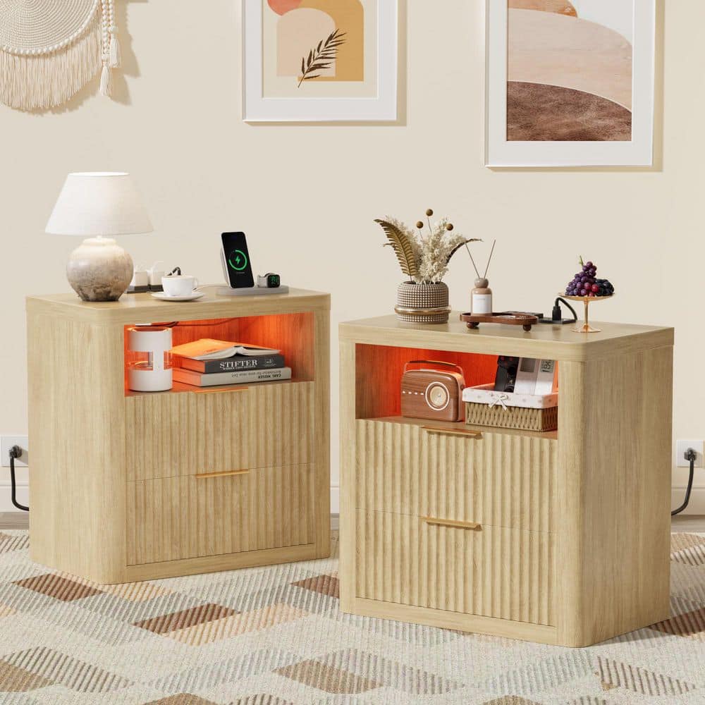 Fluted Wood Grain Nightstand Set of 2 with LED Lighting, 2 Drawers and Charger Station