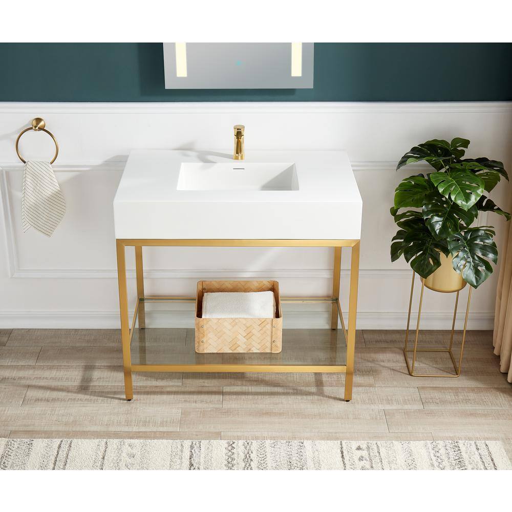 Brushed Gold and White Glass Console Sink with Resin Counter