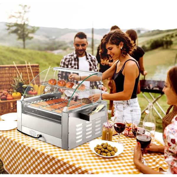 Hotdog Roller Grill, Stainless Steel Hot Dog Roller With Extra Long Wood Handle Bbq Hot Dog Griller Evenly Cooked Hot Dogs 5 Hot Dog Capacity Silver