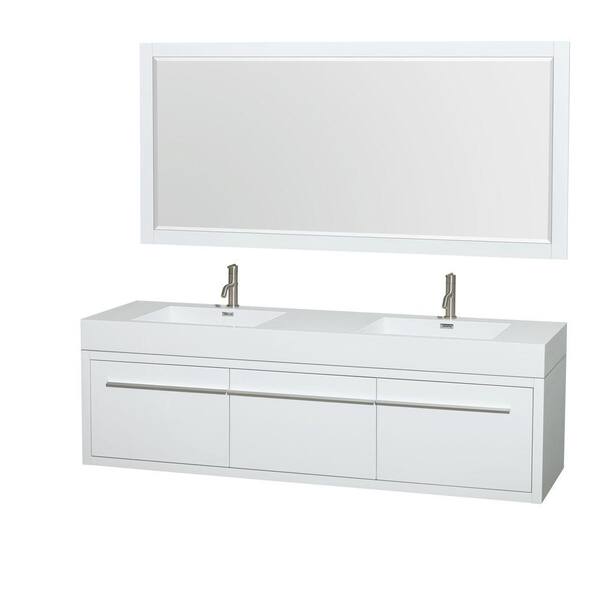 Wyndham Collection Axa 72 in. Double Vanity in Gloss White with Acrylic Resin Vanity Top in White, Integrated Sinks and 70 in. Mirror