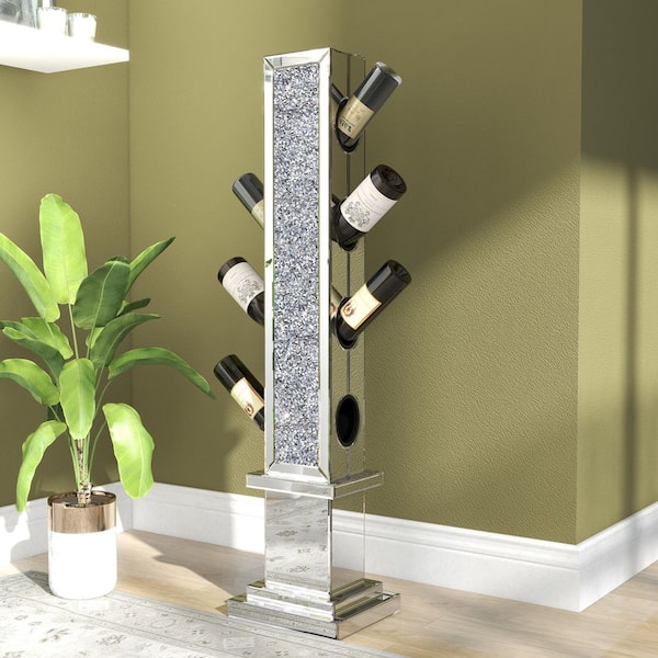 THKSHOUZ Silver 10.43 in. W x 50.20 in. H Modern Rectangular Manufactured Wood Framed Mirror Floor Wine Bottle Rack