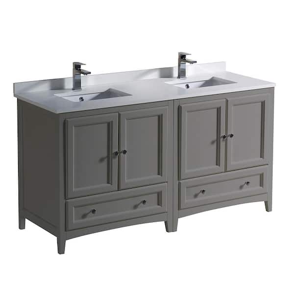Fresca Oxford 60 in. Traditional Double Bath Vanity in Gray with Quartz Stone Vanity Top in White with White Basins