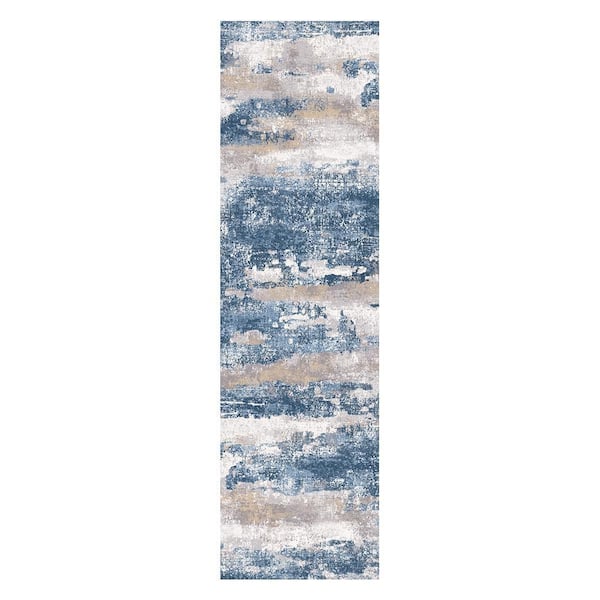 Zephyr Machine Washable Cream Blue 2 ft. x 7 ft. Modern Abstract Indoor Area Rug