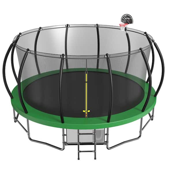 Unbranded 15 ft. Outdoor Round Green Trampoline with Enclosure Net, Storage, Basketball Hoop