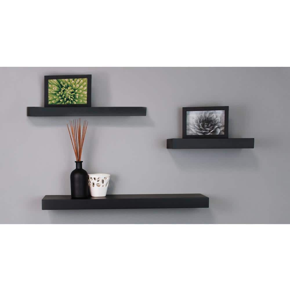 Set of 3 Black MDF Floating Wall Shelves for Living Room