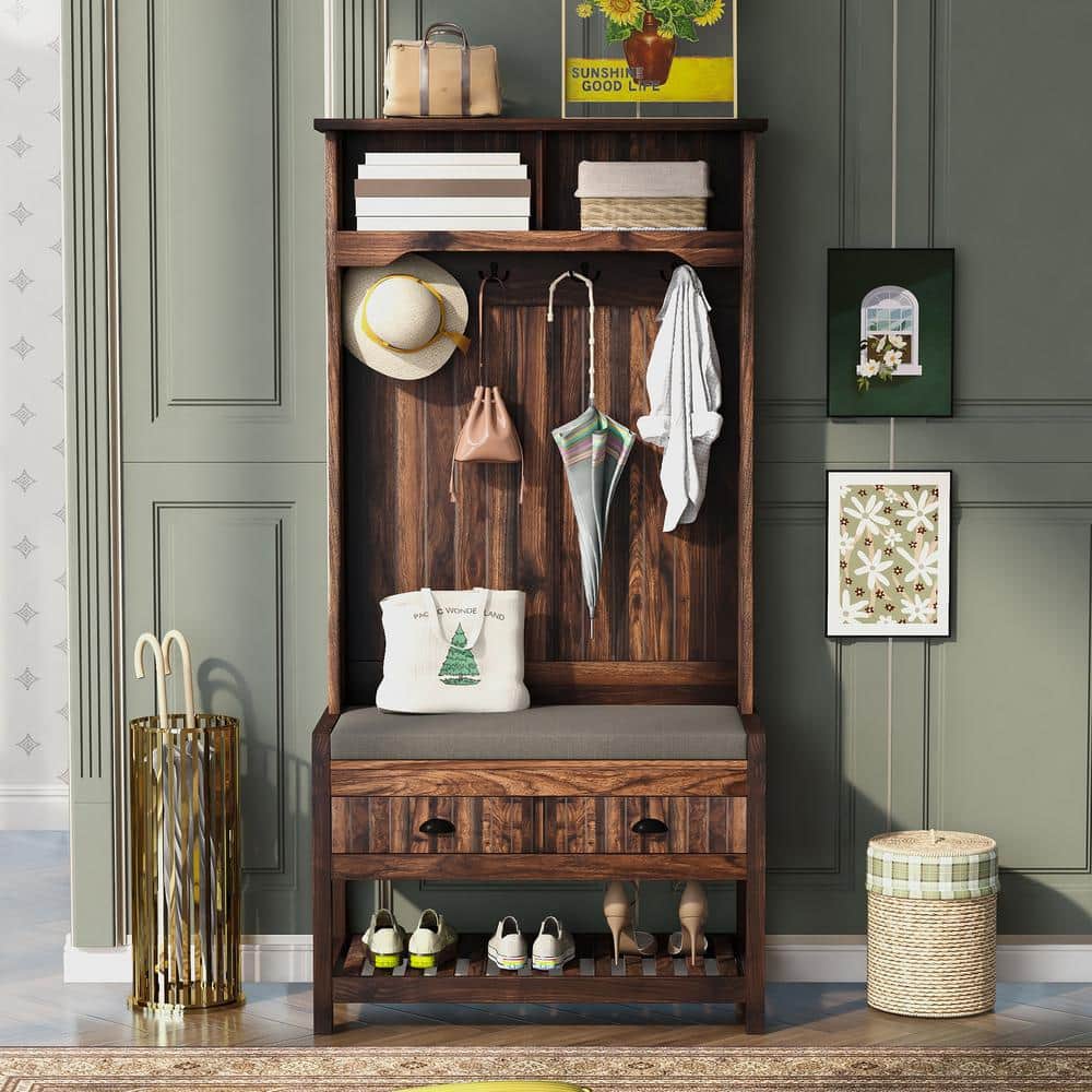 Ingrid Brown 33.5 in. W x 69 in. H Hall Tree with Storage Shelf and Cushion Bench