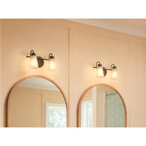 Erma 13.5 in. 2-Light Olde Bronze Traditional Bathroom Vanity Light with Satin Etched Glass Shades