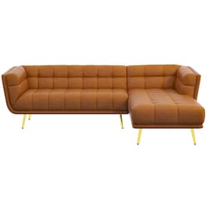 Kansas 102 in. W Square Arm 2-piece L-Shaped Right Facing Genuine Leather Corner Sectional Sofa in Cognac (Seats 4)