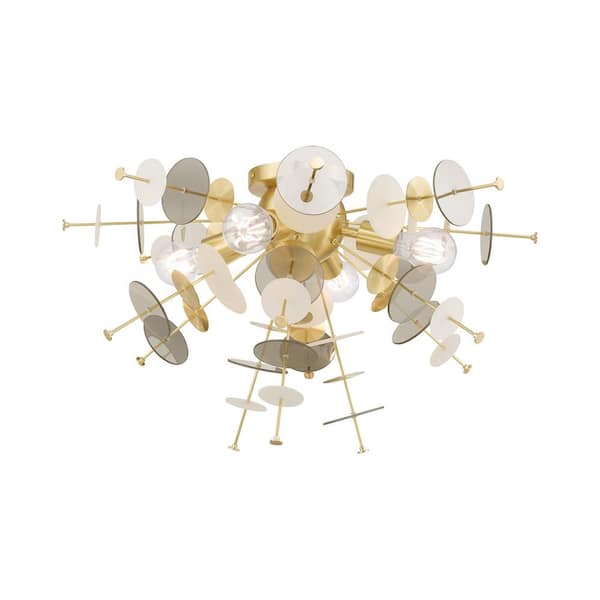 AVIANCE LIGHTING Cowcetta 24 in. 4-Light Satin Brass Semi Flush Mount with Satin Brass Discs and Glass Discs