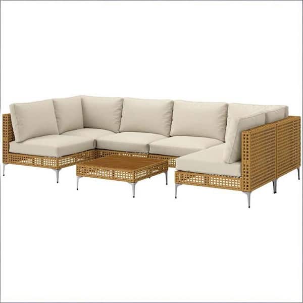 7-Pieces Brown Wicker All Weather Outdoor Sofa Sectional Set with Khaki Cushions and Coffee Table