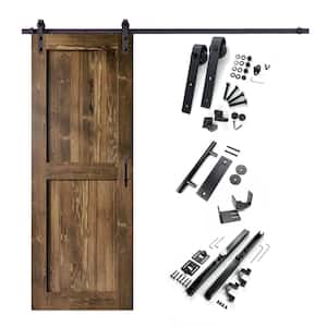 36 in. x 84 in. H-Frame Walnut Solid Pine Wood Interior Sliding Barn Door with Hardware Kit, Non-Bypass