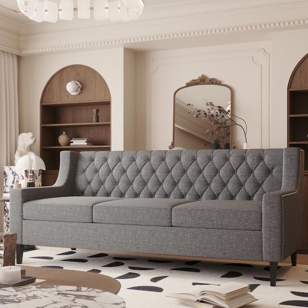 Noble House Fatasb 79 in. W Slope Arm Upholstered Polyester Rectangle Modern 3-Seater Sofa in. Grey with Tufted Back