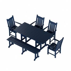 Hayes 6-Piece HDPE Plastic Outdoor Patio Rectangle Table Dining Set with Bench and Armchairs in Navy Blue