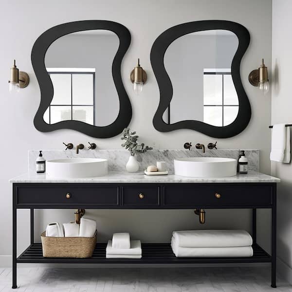 30 in. W. x 36 in. H Irregular Wavy Black Wood Framed Wall Mirror Asymmetrical Decorative Mirror (2-Pieces)