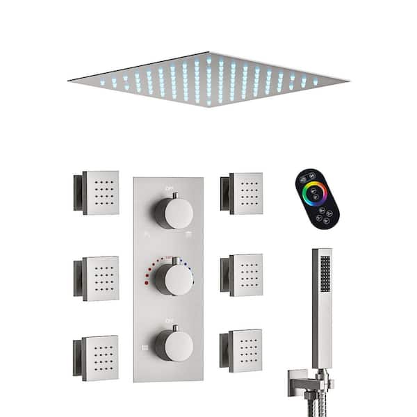 YAWWALK Thermostatic 5-Spray Patterns 12 in. LED Mood Lighting Shower Faucet with 6-Jets in Brushed Nickel(Valve Included)