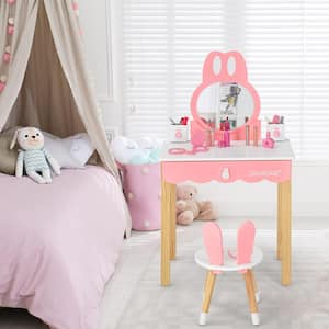 Kids Vanity Set Rabbit White Armoire Makeup Dressing Table Chair Set 40.5 in. x 23.5 in. x 13.5 in.