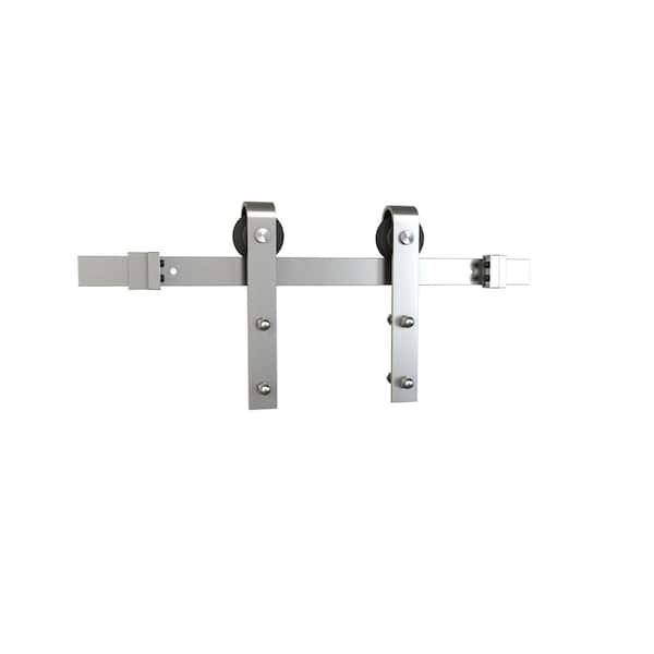 American Pro Decor 78 in. Satin Nickel Solid Steel Sliding Rolling Barn Door Hardware Kit for Single Wood Doors with Routed Floor Guide