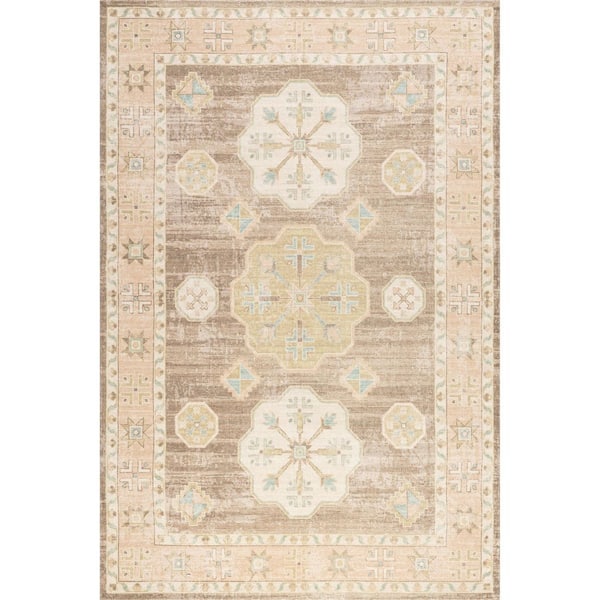 Fawn Medallion Wool Cotton Brown 9 ft. x 12 ft. Indoor/Outdoor Patio Rug