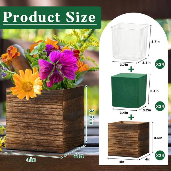 24-Pack Rustic Square Wood Planter Box with Plastic Liner Floral Foam  Blocks Brown Indoor Outdoor Set OF046PH033 - The Home Depot